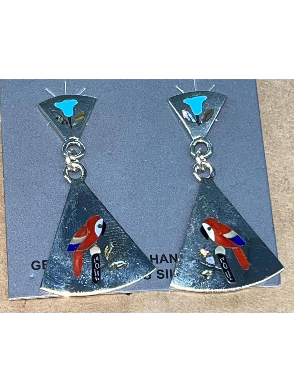 Zuni sterling silver inlay traditional turquoise coral multi stone parrot